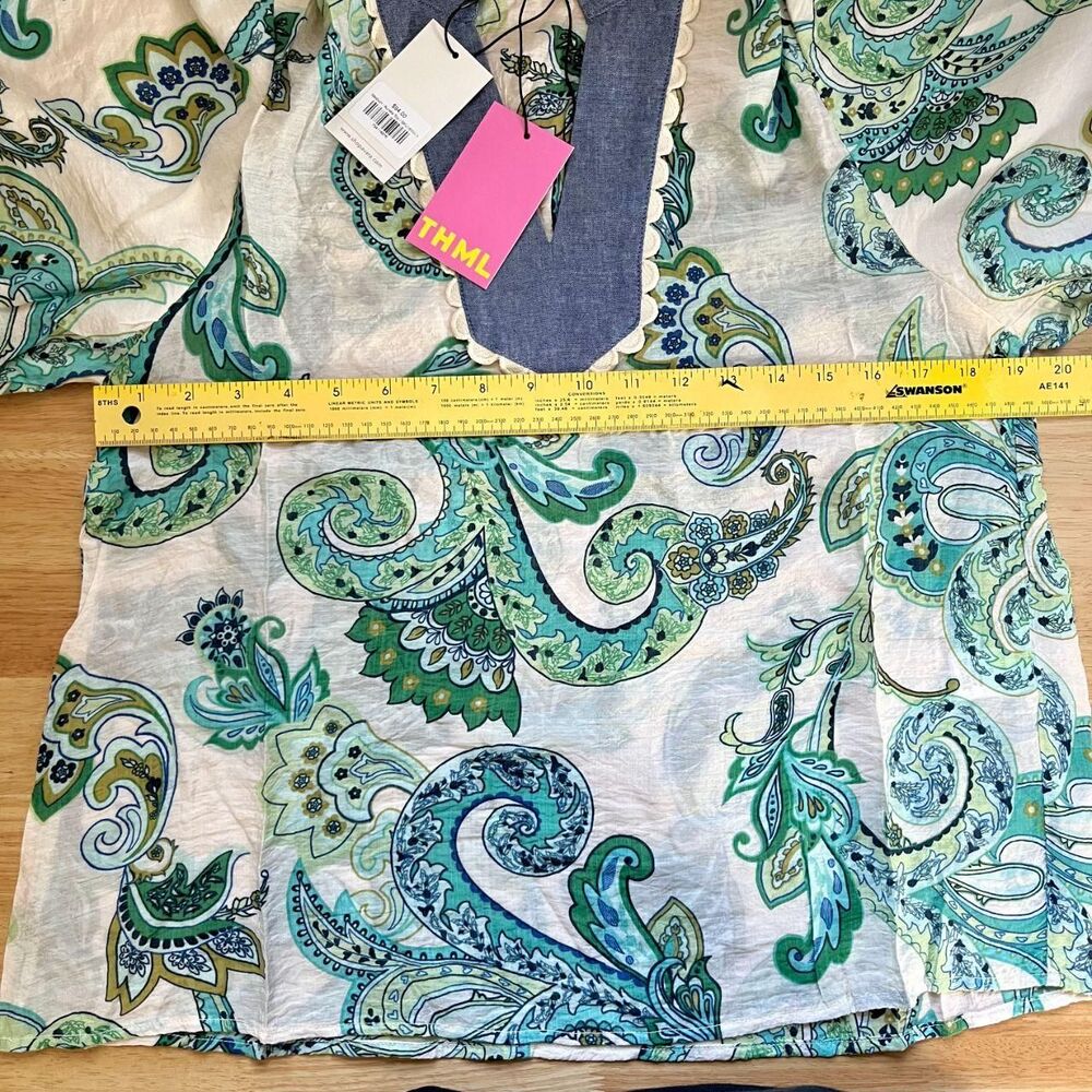 NWT THML short-sleeve top green blue paisley pattern denim-style V-neck collar M - Picture 7 of 8